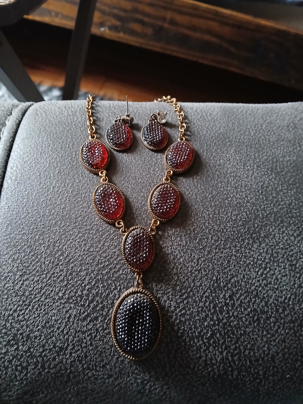 Gold-Tone Red Beaded Oval Necklace & Earring Set